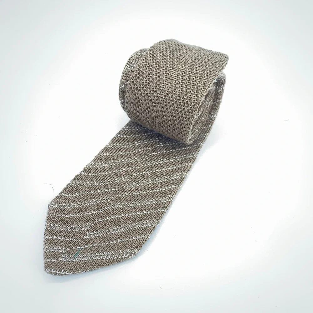 Eton Tie Men One Size Beige White Striped Cotton Knit Classic Necktie Italy Made